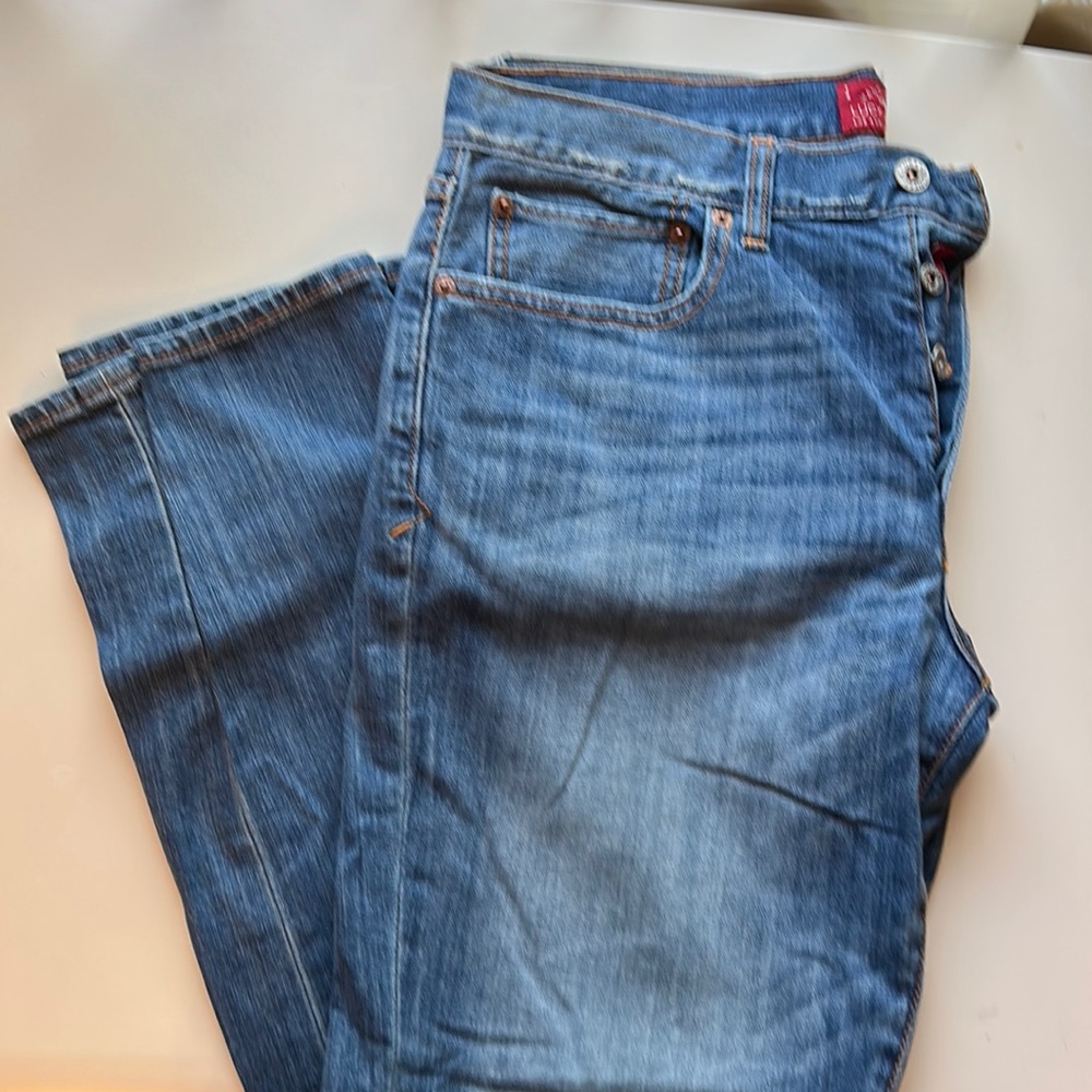 Gently worn, distressed, lucky, jeans, button fly